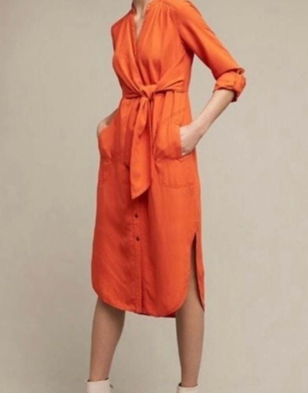 Anthropologie Maeve Rust Midi Shirtdress Tie Waist Size 2 Terracotta Boho